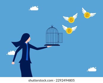 businesswoman or Investors release digital coins from the cage. emancipation and financial freedom