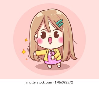 Businesswoman inviting to enter with a hand. cartoon art illustration Premium Vector
