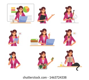 Businesswoman in job and lifestyle daily routine character set.