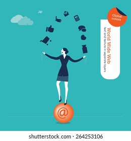 Businesswoman juggler with internet icons. Vector illustration Eps10 file. Global colors. Text and Texture in separate layers.