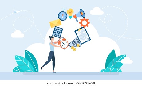 Businesswoman juggler planning time work. Management concept. Business and finances. A woman juggling with office equipment. Office worker juggles mail, documents, time, and money. Vector illustration