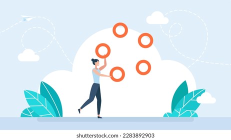 Businesswoman juggler with rings. Business woman showing her skills. Business skill concept. Wealth management. Career challenge concept. Control in management multitasking. Vector illustration