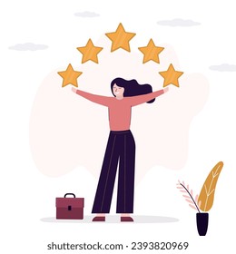 Businesswoman juggles golden stars. Best, excellent business reputation. Woman customer give higher star rating. User experience, review, business or service quality. Highest rank. vector illustration