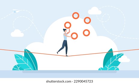 Businesswoman juggling with rings on rope. Juggler woman manager showing skill and ease of control in management multitasking. Wealth management. Business risk concept. Flat vector illustration