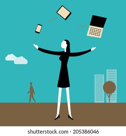 Businesswoman juggling  with technology and multitasking