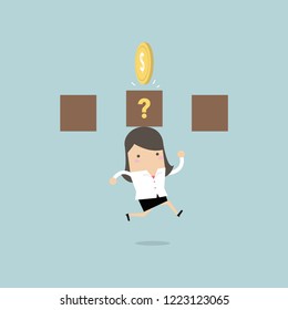 Businesswoman jump and hit a coin box.