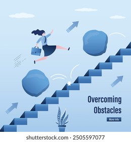 Empresaria saltar sobre piedras que caen para subir escaleras de éxito. Superar obstáculos, esfuerzo o adversidad para el crecimiento empresarial, dificultad, habilidad o concepto de liderazgo, obstáculos en la escalera de carrera.