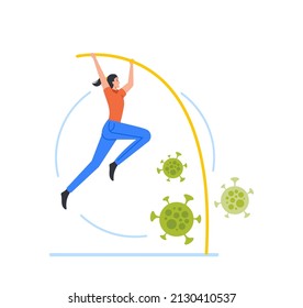 Businesswoman Jump Pole Vaulting Over Coronavirus Pathogens during Worldwide Lockdown and Financial Crisis. Brave Female Character Overcome Danger Situation. Cartoon People Vector Illustration