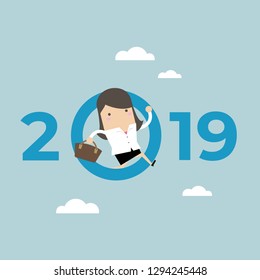 Businesswoman jump throw zero in number 2019.