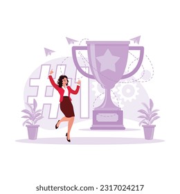 The Businesswoman jumped enthusiastically, celebrating success in first place with the big trophies. Trend Modern vector flat illustration.