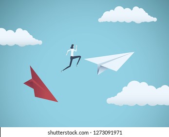Businesswoman jumping between paper planes. Business symbol or metaphor for risk, danger, change, escape or bankruptcy and bailout. Eps10 vector illustration.
