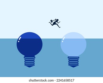 Businesswoman jumping to a bright light bulb. Be creative in work