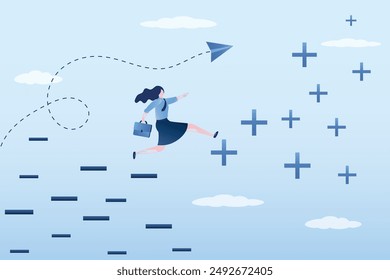 Businesswoman jumping and climbing abstract plus and minus ladder to top, positive thinking help win under negative emotions. Do not give up. Overcoming obstacles. Mistakes give you confidence. vector