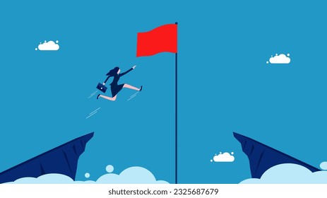 Businesswoman jumping and grabbing the red victory flag. business success and victories vector