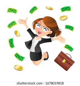 Businesswoman jumping happily for financial success
