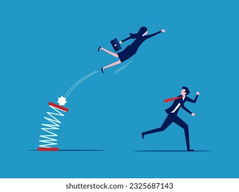 Businesswoman jumping high with spring over others. gain a competitive advantage in business 