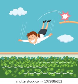 Businesswoman jumping into money swimming pool, illustration vector cartoon