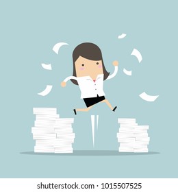Businesswoman jumping and a mountain of documents. Vector 