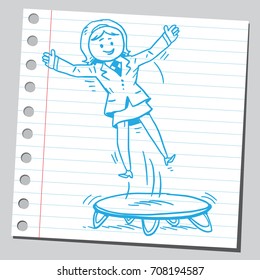 Businesswoman jumping on a trampoline