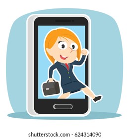 businesswoman jumping out from smartphone