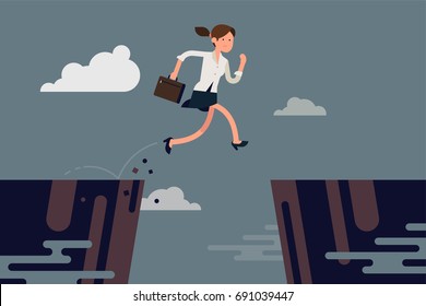 Businesswoman jumping over abyss. Cool vector concept illustration on overcoming obstacles in career or business with running business lady jumping over abstract precipice