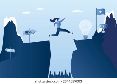 Businesswoman jumping over between the cliffs. Jump over an obstacle. Business risk, victory and success. Beauty female character in danger situation. New ideas search. flat vector illustration