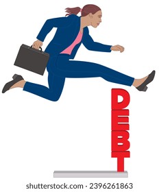 businesswoman jumping over a debt hurdle isolated on a white background