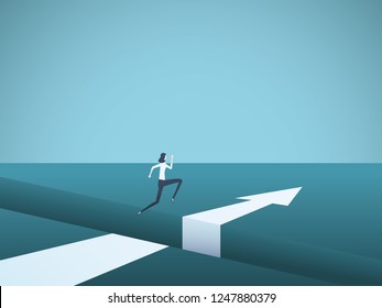 Businesswoman jumping over gap vector concept. Symbol of finding solution, success, motivation, ambition and challenge. Eps10 vector illustration.