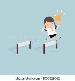 Businesswoman jumping over obstacle and holding trophy. vector