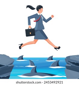 Empresaria saltando sobre tiburón en el agua. Mujer de negocios en traje con maletín salto entre la brecha. Obstáculo en el camino, crisis financiera. Desafío de gestión de riesgos. Ilustración vectorial plana