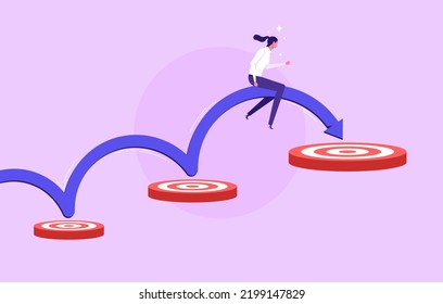 Businesswoman jumping from a small goal to another big goal and achieved success. Vector illustration change target business concept