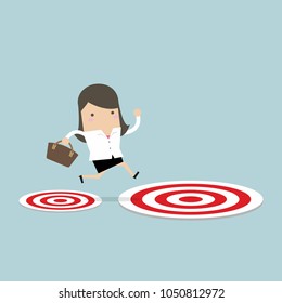 Businesswoman jumping from small target to the big target.