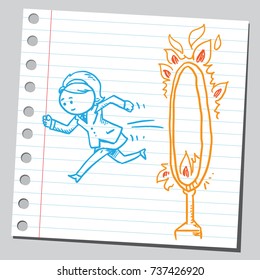 Businesswoman jumping through fire ring