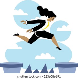 Businesswoman jumps to goal through abyss with thorns. Business woman in suit with briefcase jump between gap. Obstacle on road, financial crisis. Risk management challenge. Flat vector illustration.