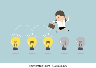 Businesswoman jumps on light bulbs. vector