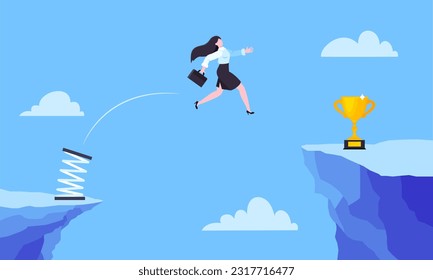 Businesswoman jumps over the abyss across the cliff flat style design vector illustration. Business concept of fearless businesswoman with courage. Risk, goal achievement, work obstacles and success.