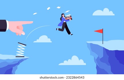 Businesswoman jumps over the abyss across the cliff flat style design vector illustration. Business concept of fearless businesswoman with courage. Risk, goal achievement, work obstacles and success.