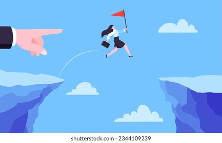 Businesswoman jumps over the abyss across the cliff flat style design vector illustration. Business concept of fearless businesswoman with courage. Risk, goal achievement, work obstacles and success.