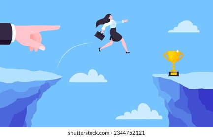 Businesswoman jumps over the abyss across the cliff flat style design vector illustration. Business concept of fearless businesswoman with courage. Risk, goal achievement, work obstacles and success.