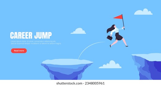 Businesswoman jumps over the abyss across the cliff flat style design vector illustration. Business concept of fearless businesswoman with courage. Risk, goal achievement, work obstacles and success.