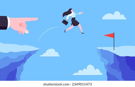 Una mujer de negocios salta sobre el abismo a través del acantilado de diseño plano de ilustración vectorial. Concepto de negocios de una intrépida mujer de negocios con valor. Riesgo, logro de objetivos, obstáculos al trabajo y éxito.