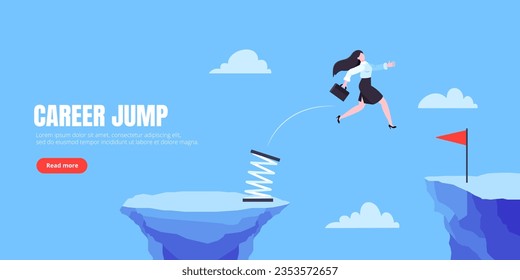 Businesswoman jumps over the abyss across the cliff flat style design vector illustration. Business concept of fearless businesswoman with courage. Risk, goal achievement, work obstacles and success.