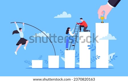 Businesswoman jumps pole vault over graph bars flat style design vector illustration business concept. Business growth and goal achievement concept.