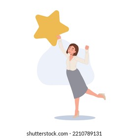 businesswoman jumps to reach out for the star and got it. Happy Businesswoman catched the star. Vector illustration. 