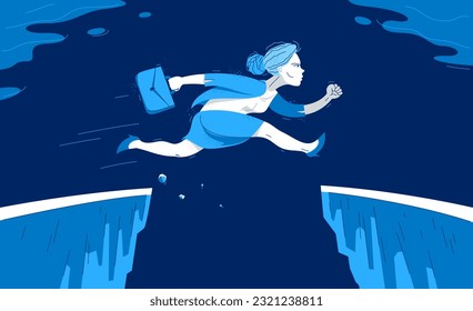 Businesswoman jumps through gap, business risk concept vector illustration, woman employee worker leap over obstacle, career problems, bold to success.