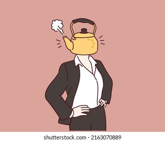 businesswoman with the kettle instead of a head with a steam pulled out from the lid. Hand drawn style vector design illustrations.