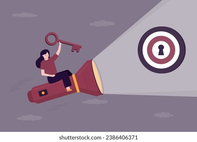 Businesswoman with key fly on handle torch. Flashlight shining light on target reveal guidance to entrepreneur in dark. Discover way to goals, leadership, open right career path. Unlock new skills.