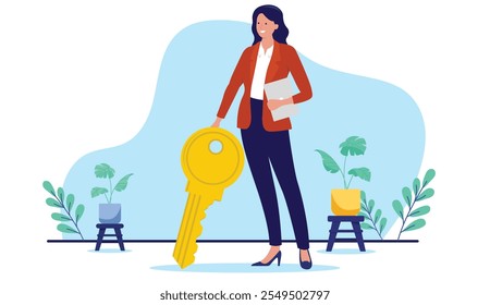 Businesswoman key to success - Woman standing with big golden key opening new opportunities in career and business. Flat design vector illustration with white background