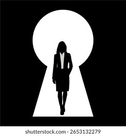 Empresária no vetor do buraco da fechadura, representando oportunidade, acesso ou descoberta de solução. Ideal para empoderamento feminino, estratégias de negócios ou desbloquear temas em potencial.