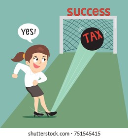 Businesswoman Kicking Tax Ball Like Football Player, Illustration Vector Cartoon